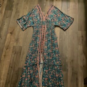 NATURAL LIFE Green and Blue Smocked Tiered Sundress